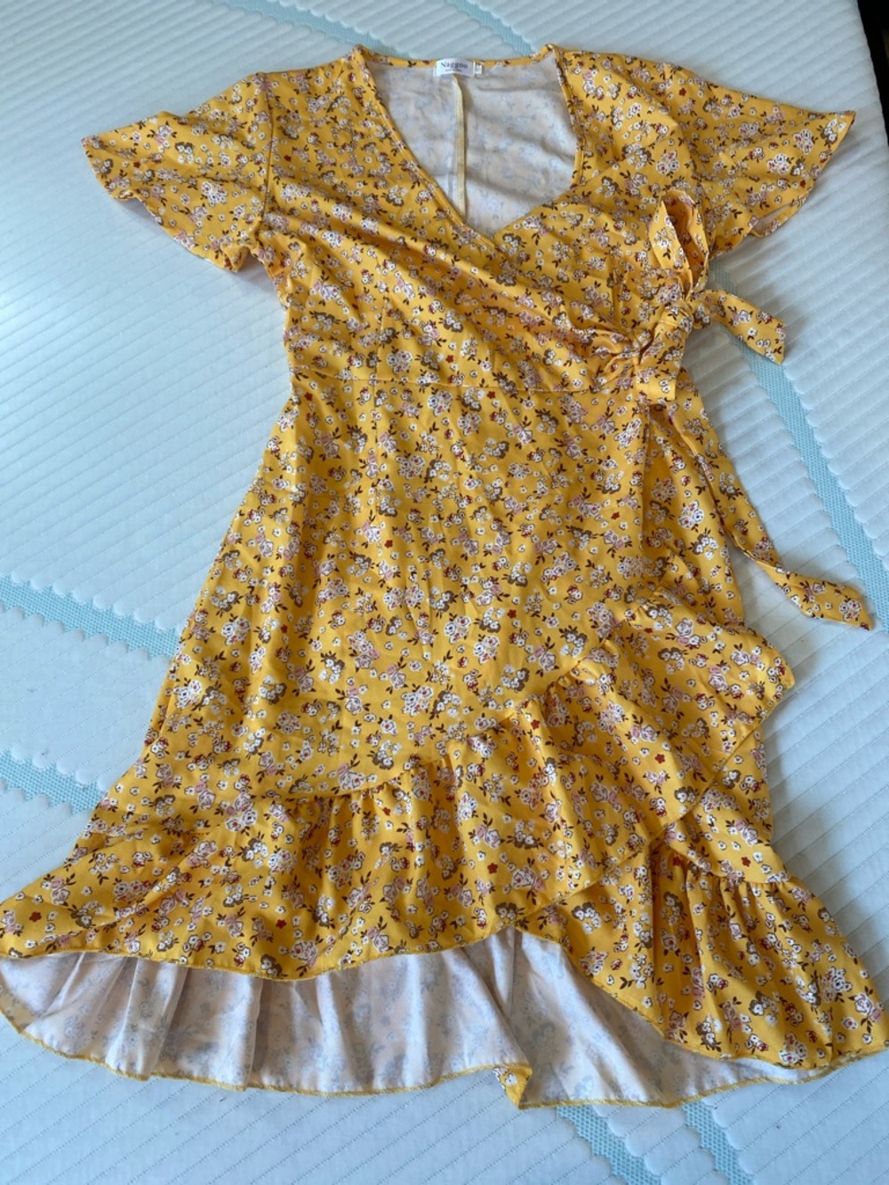 Women’s Floral Wrap Dress in Yellow - Cute Ruffle Summer Dress